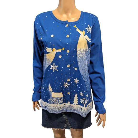 NEW Collections Etc Sz M Winter Angels Peace on Earth Blue Button Cotton Sweater - Picture 1 of 7